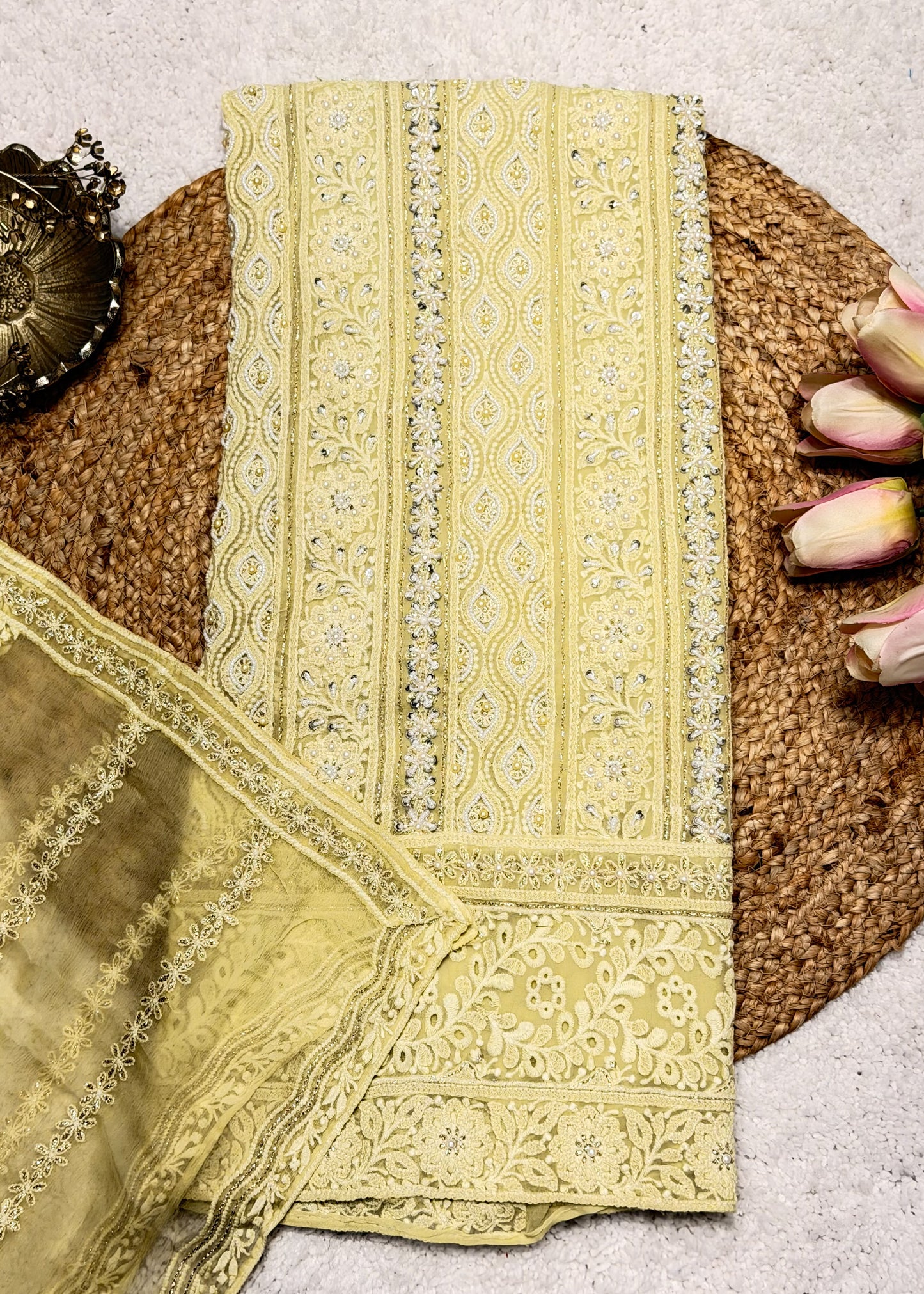 Heer Butter Yellow Chikankari with Moti Embroidered Suit Set