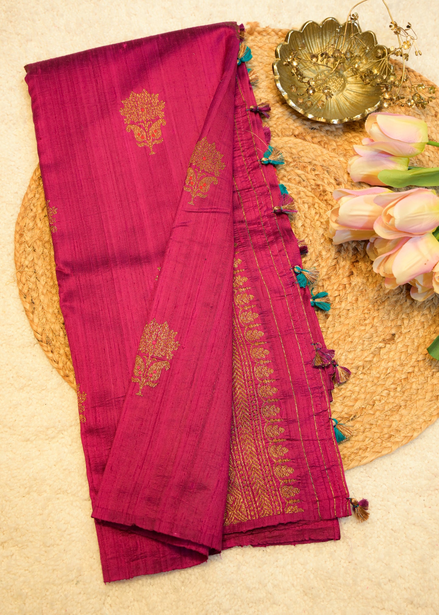 Fuchsia Pink Raw Silk Neem Zari Boota Saree with Unstitched Blouse