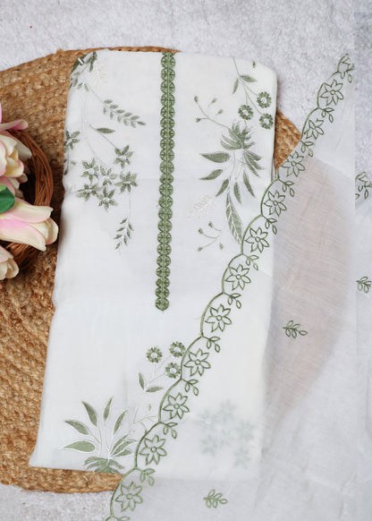 Pearl White & Green Floral Unstitched Suit Set
