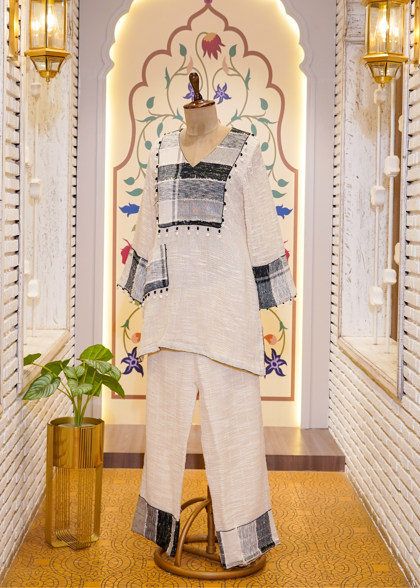 Black & Ivory Cotton Jute Co-ord Set with Shells
