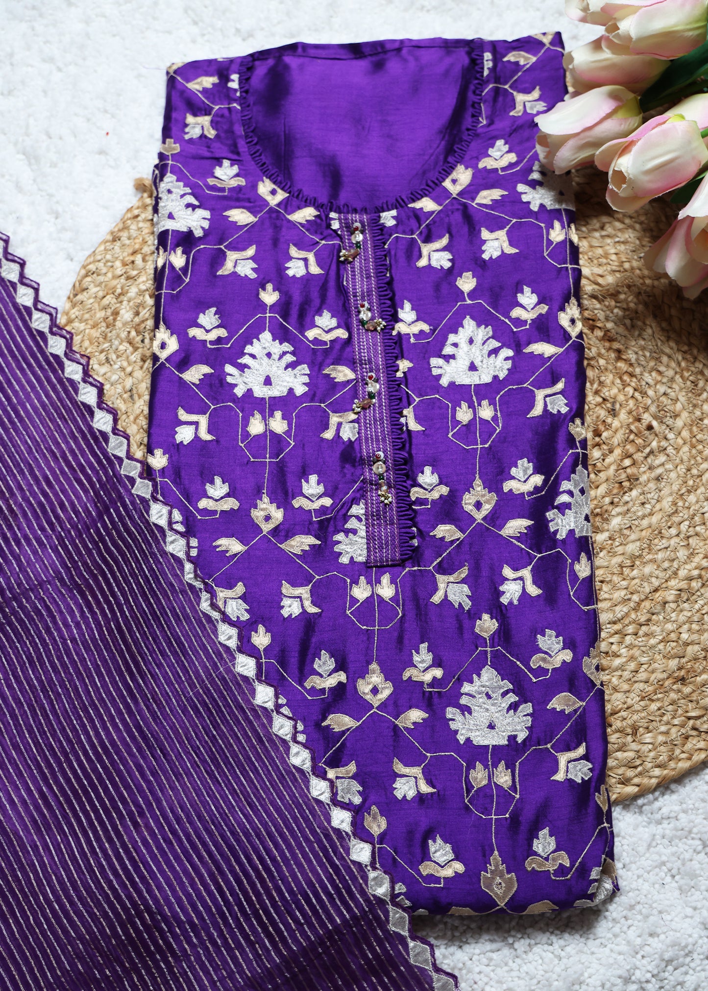 Pakhi Purple Applique Work Unstitched Suit Set