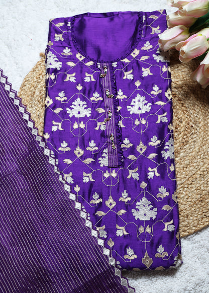 Pakhi Purple Applique Work Unstitched Suit Set