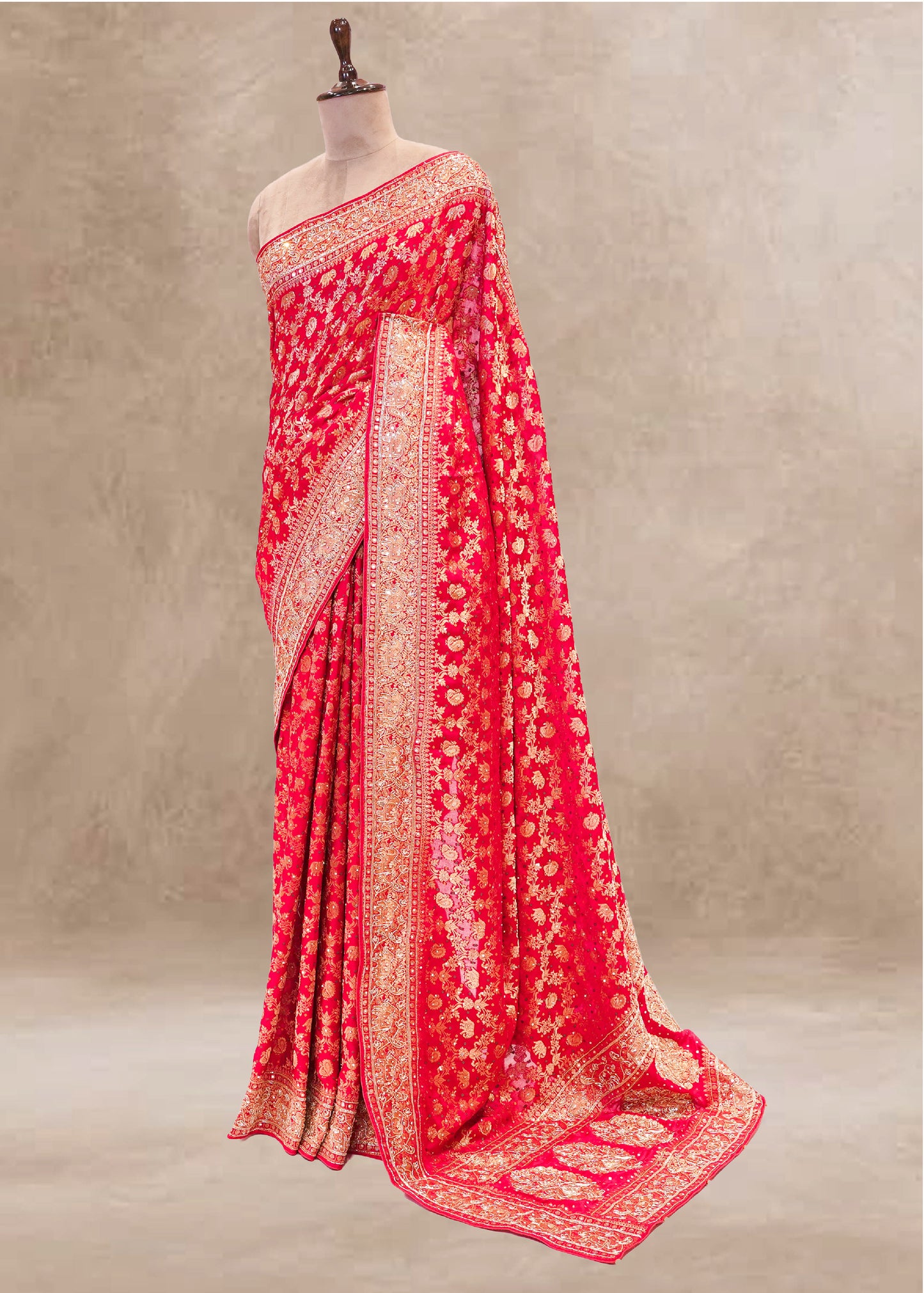 Red Hand Embroidered Dola Silk Saree with Elephant Motifs and Unstitched Blouse