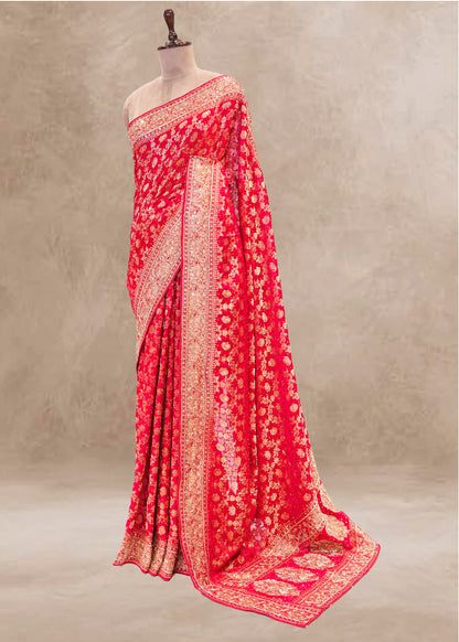 Red Hand Embroidered Dola Silk Saree with Elephant Motifs and Unstitched Blouse