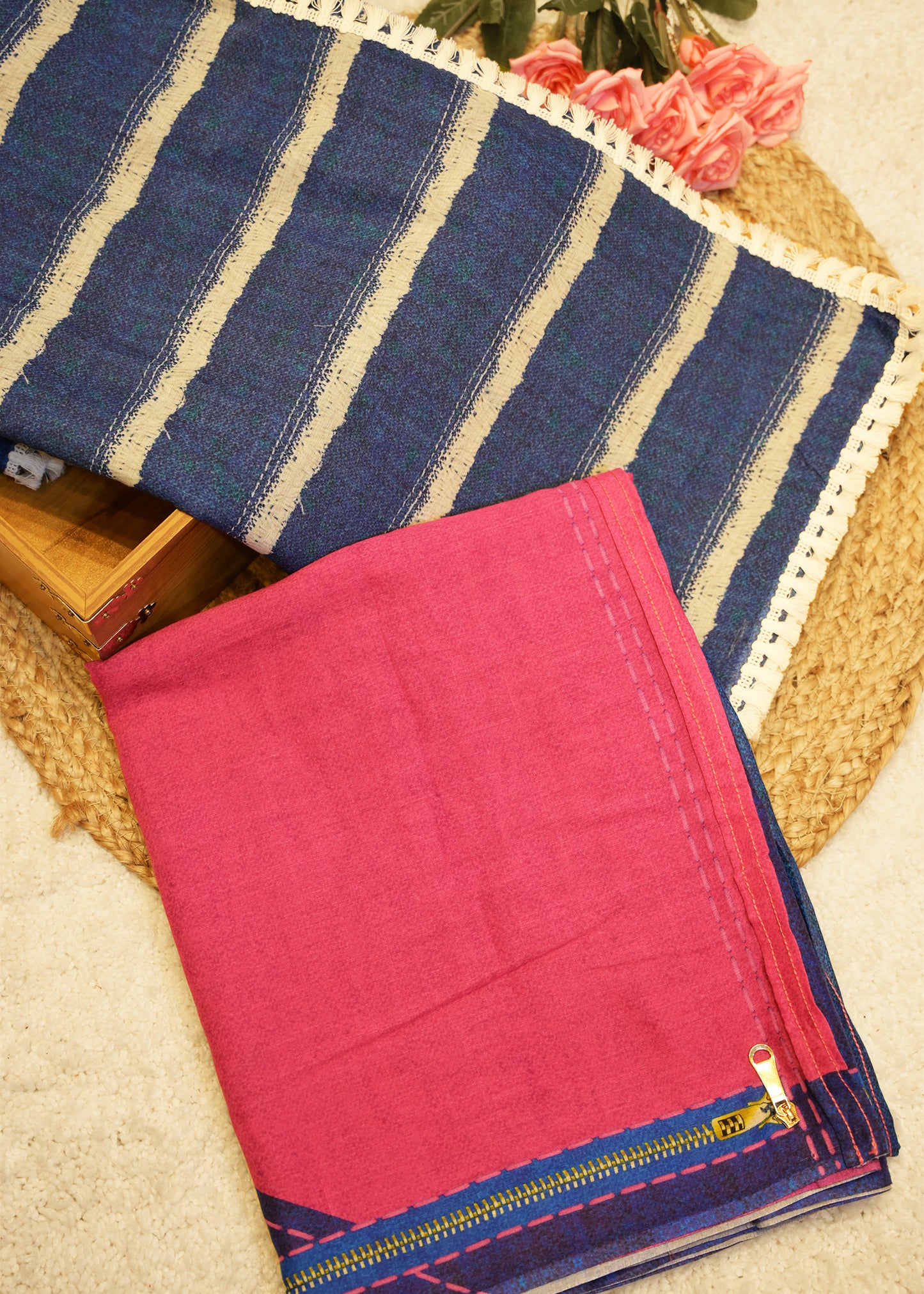 Utsa Navy Blue Cotton Saree with Unstitched Blouse