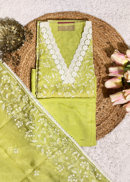 Green Chanderi Thread Embroidered Unstitched Suit Set