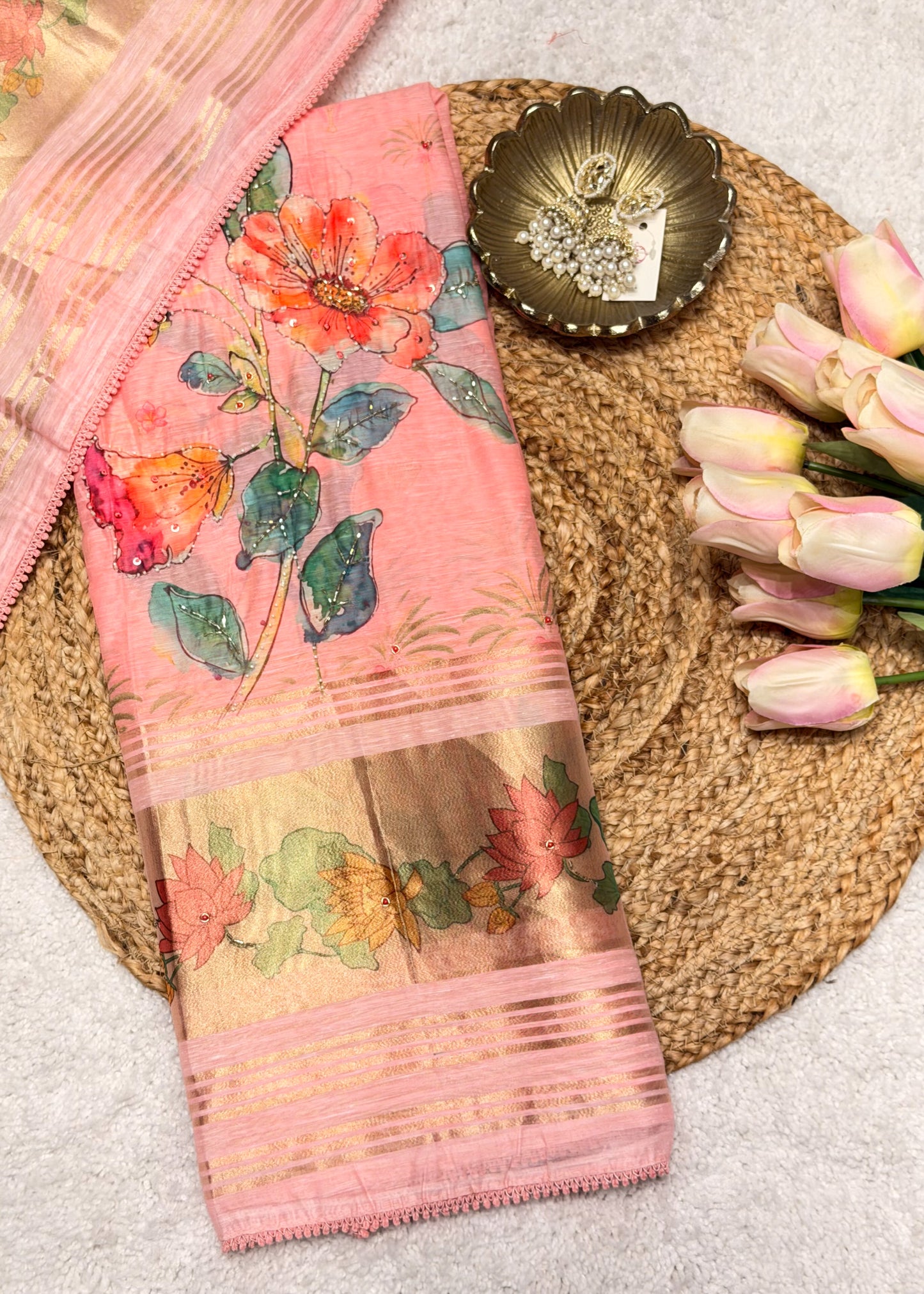 Pink Chanderi Floral Printed Unstitched Suit Set