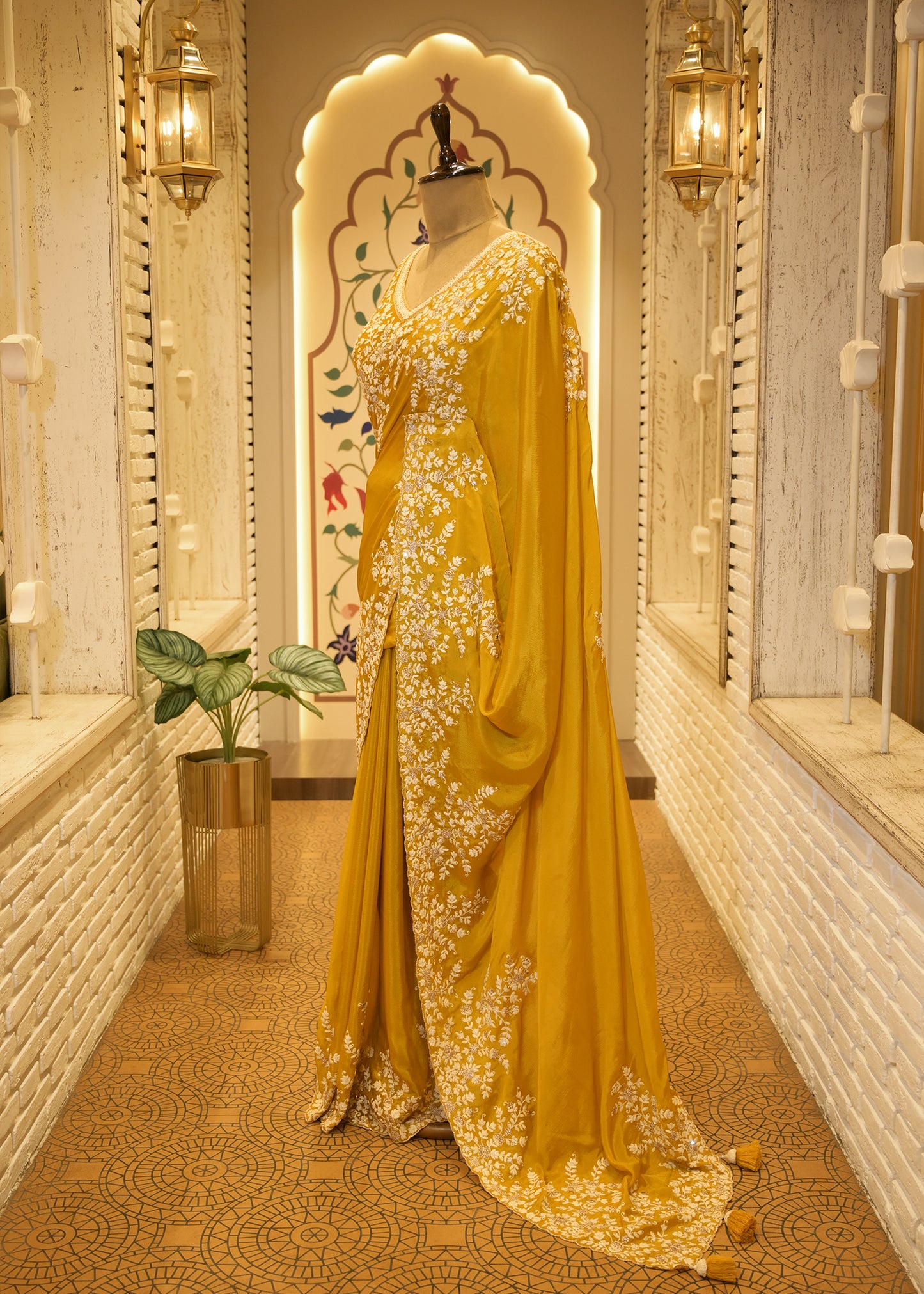 Mustard Chinon Thread Embroidered Saree with Stitched Blouse