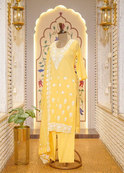 Yellow Thread Embroidered 3 pc Kurti Set