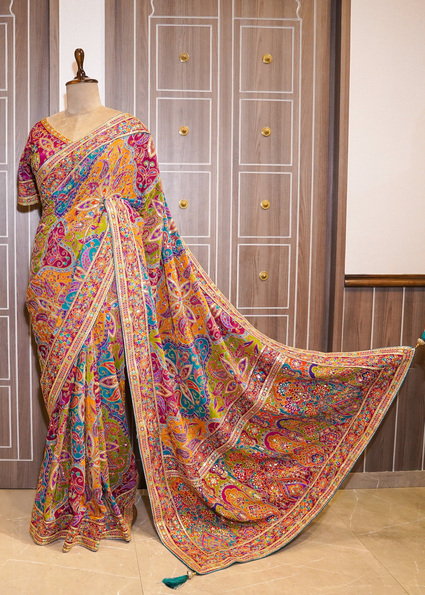 Multi Coloured Printed Zari Embroidered Designer Saree with Stitched Blouse