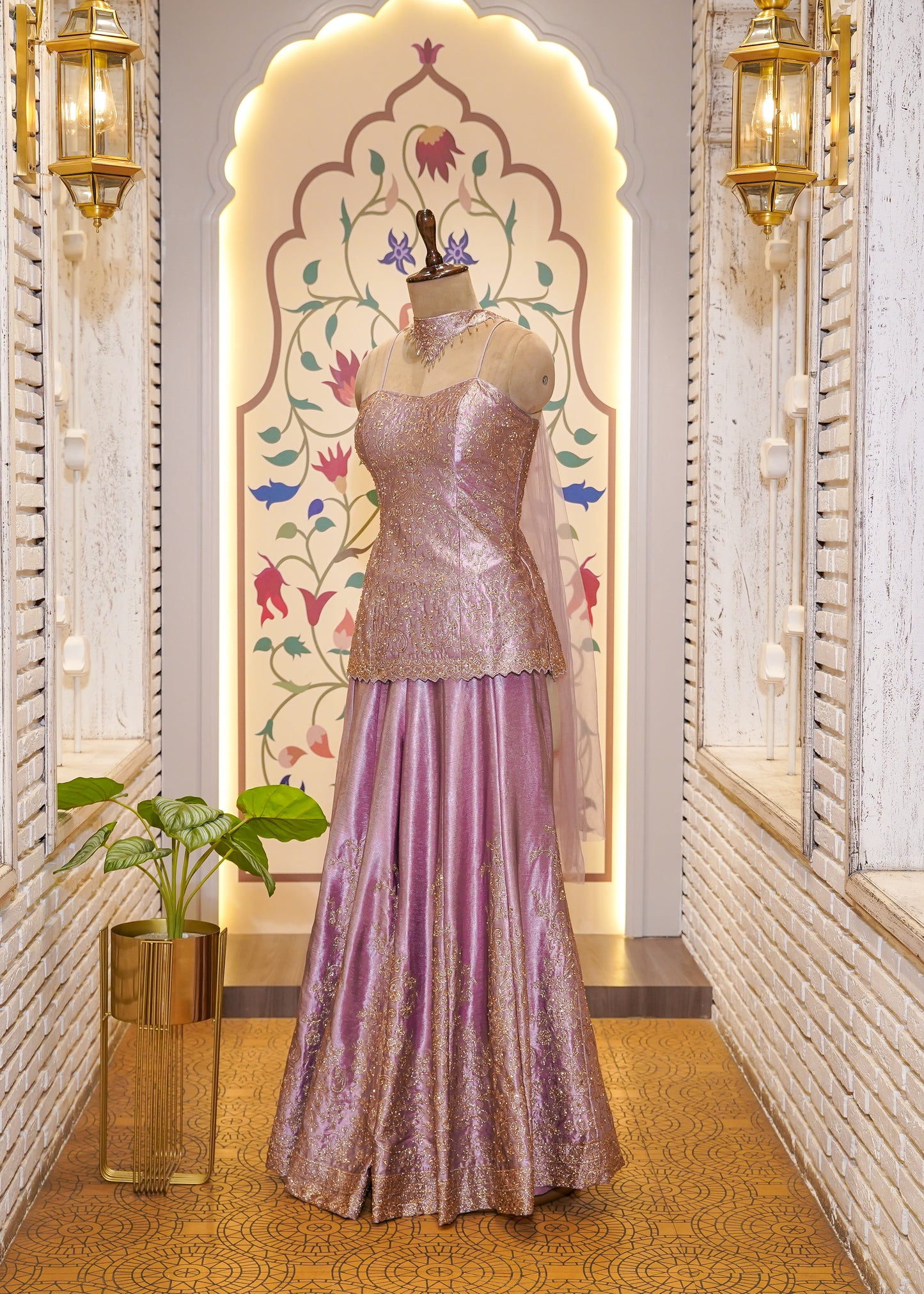 Lavender Dori Embroidered Short Shirt and Plazo Set with Choker Dupatta
