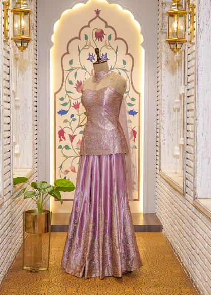Lavender Dori Embroidered Short Shirt and Plazo Set with Choker Dupatta