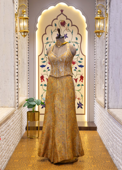 Saiyaara Yellow Banarasi Sharara Corset Top Set