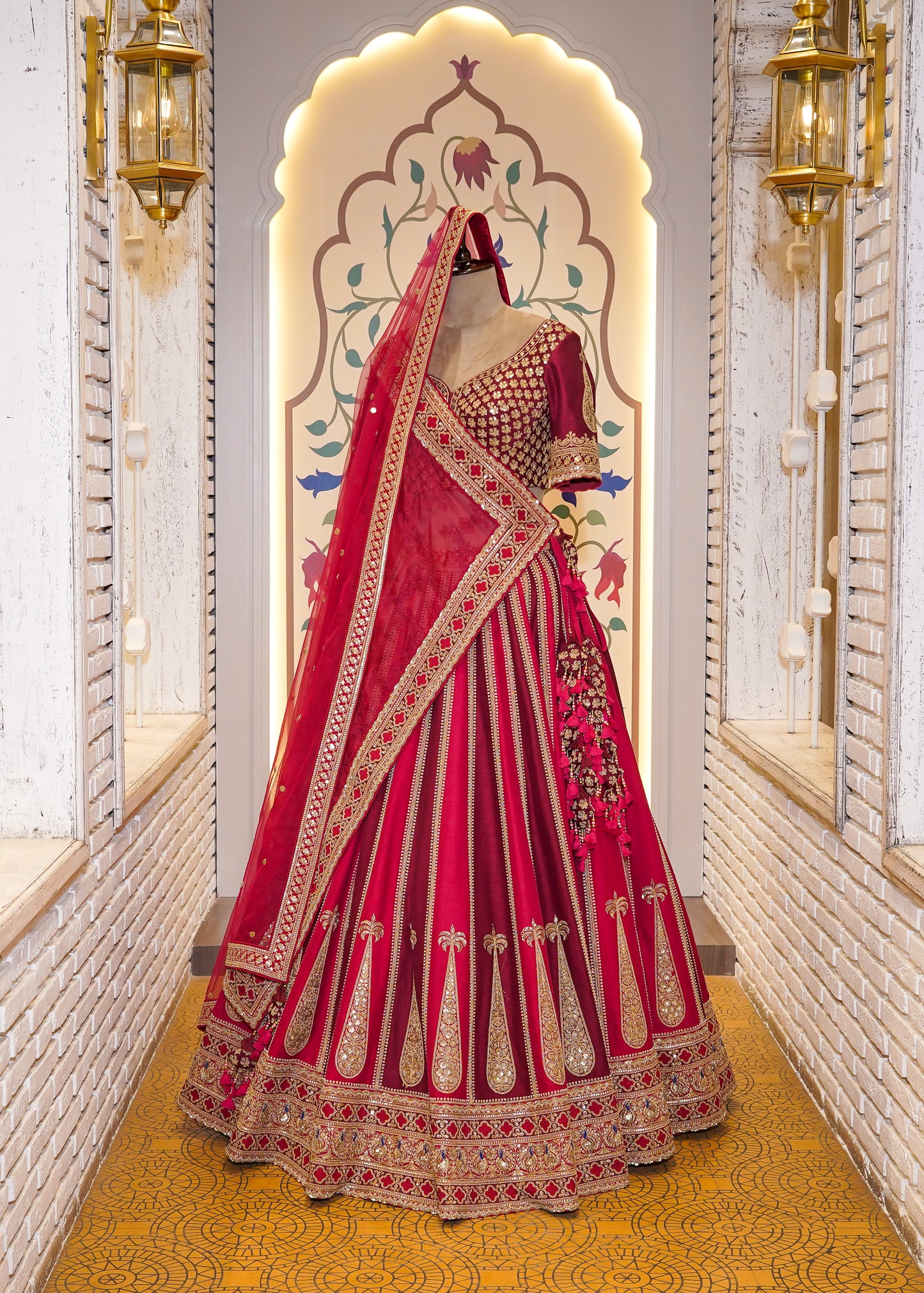 Royal Dual Tone Red & Deep Red Handcrafted Bridal Lehenga with 2 Dupattas