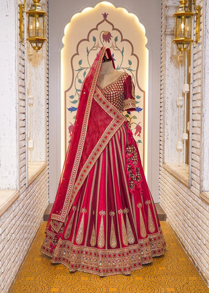 Royal Dual Tone Red & Deep Red Handcrafted Bridal Lehenga with 2 Dupattas