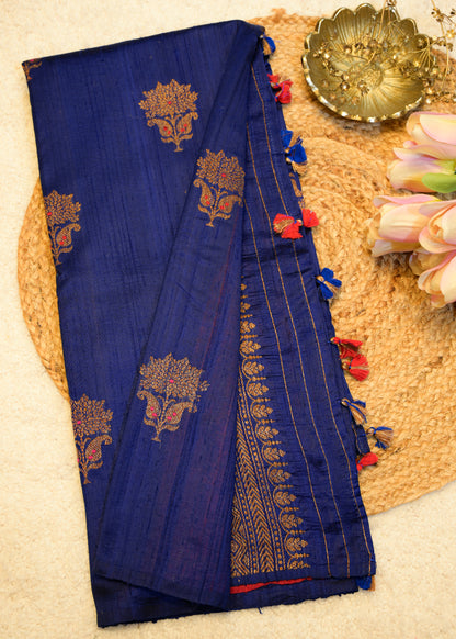 Blue Raw Silk Neem Zari Boota Saree with Unstitched Blouse