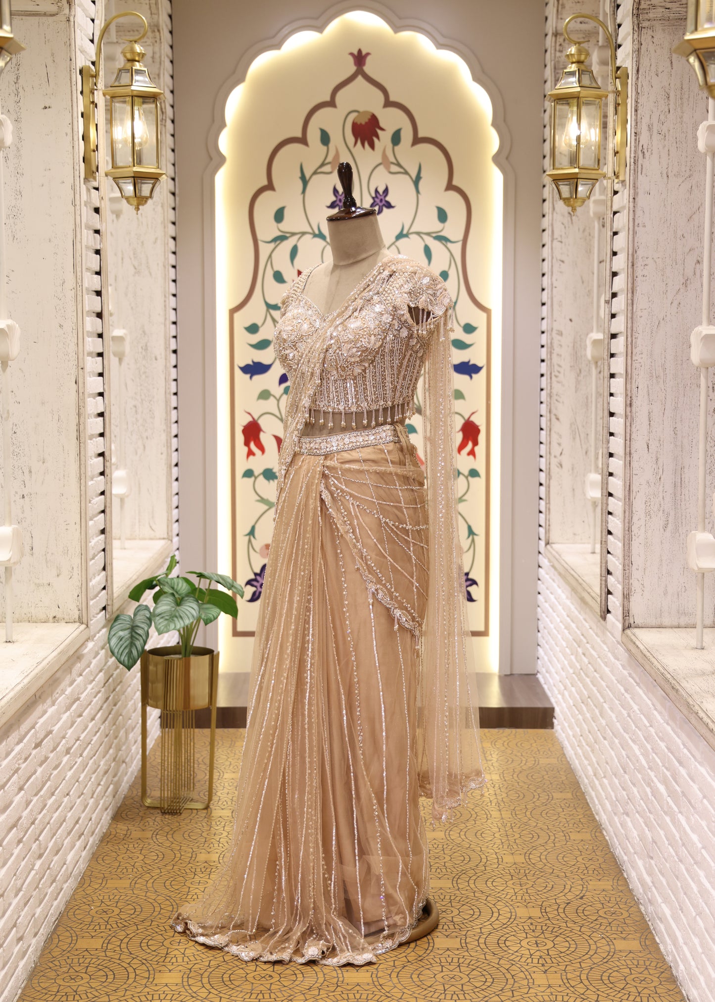 Mihira Golden Beads & Tassel Pre draped Saree