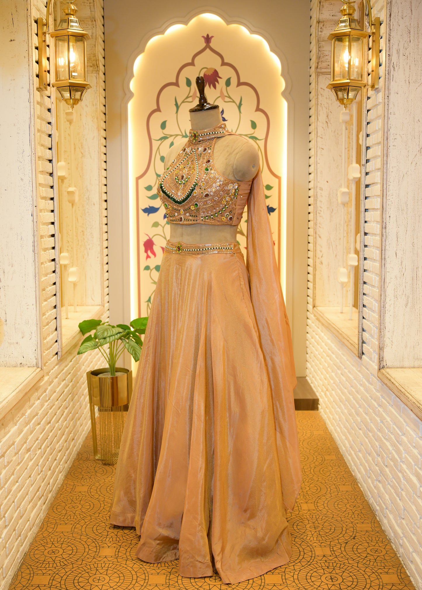 Tissue Golden Gemstone Halter Neck Top Lehenga with Dupatta
