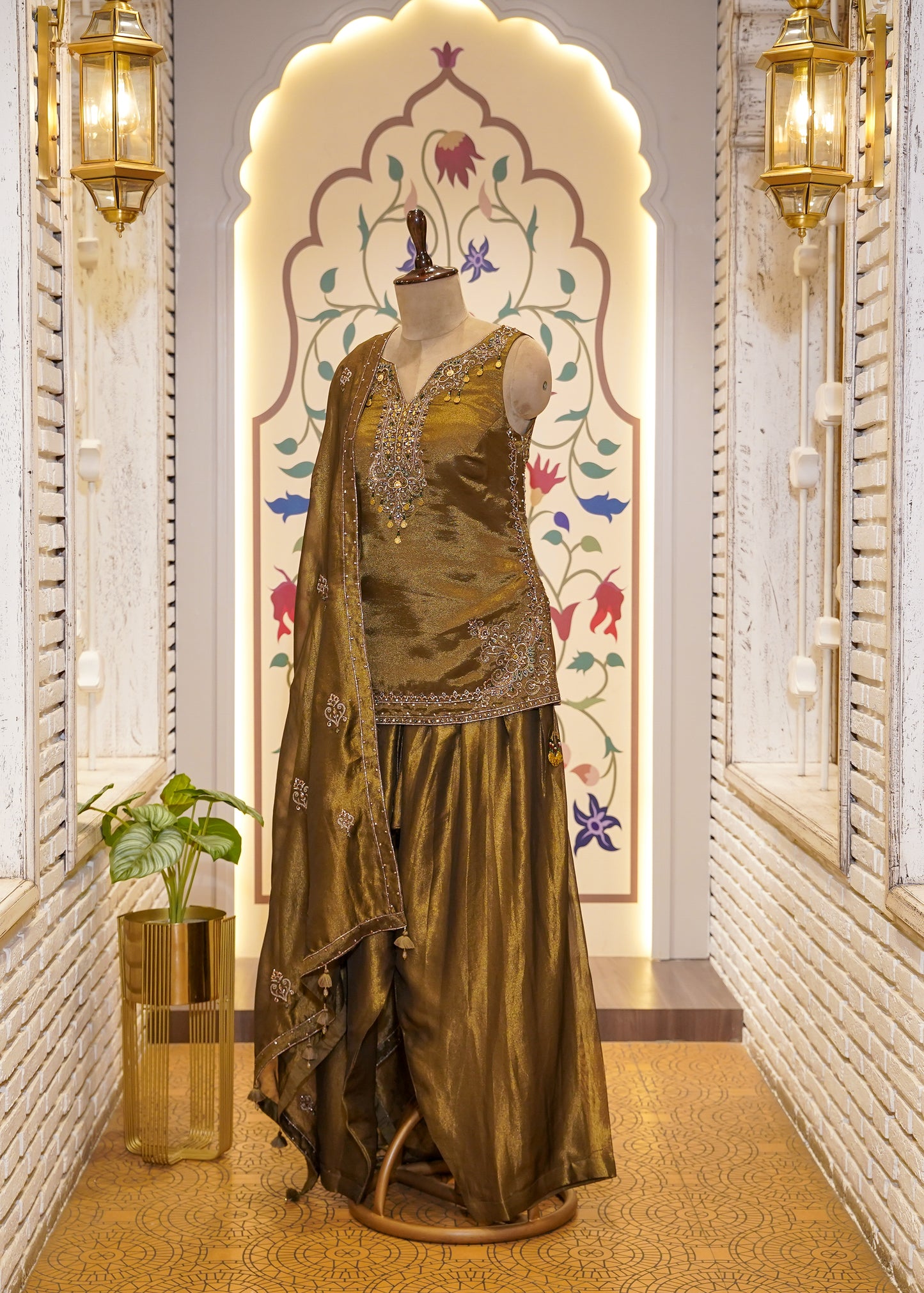 Mehendi Green Tissue Short Shirt with Farshi Salwar 3 pc Suit Set