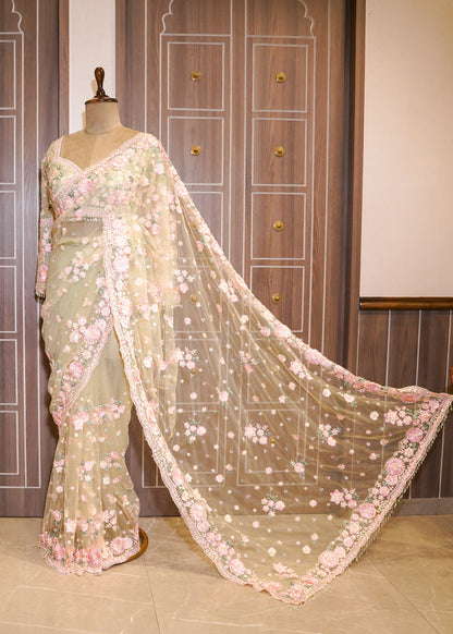 Pista Floral Embroidered Net Saree with Stitched Blouse