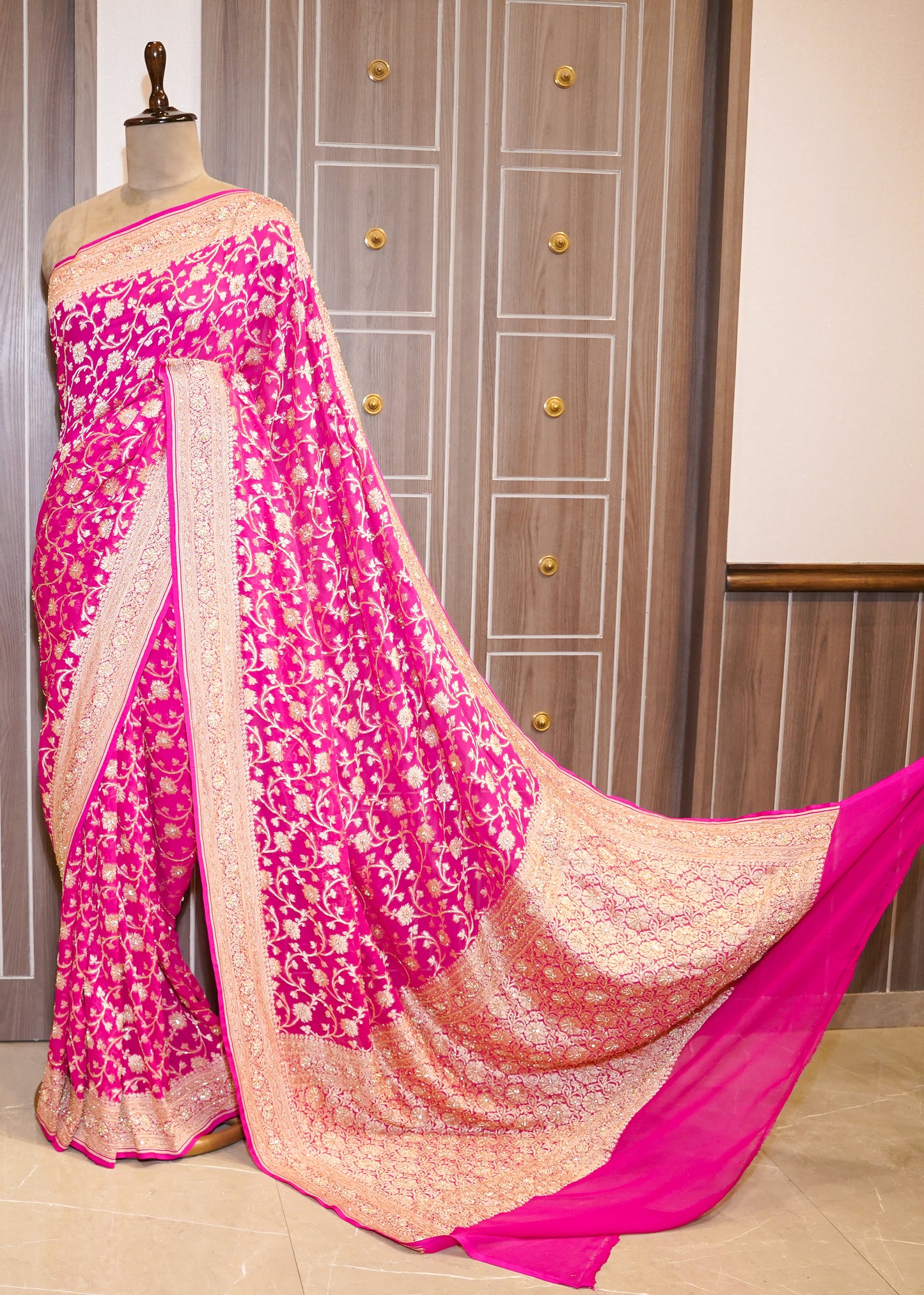 Rani khadi Georgette Jaal Saree with Zardozi Embroidery