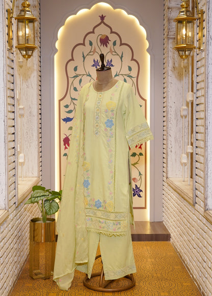 Light Lemon Cotton Thread Embroidered 3 pc Kurti Set