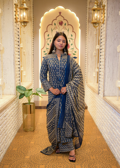 Nilakshi Blue Dabu Cotton Stitched Suit Set