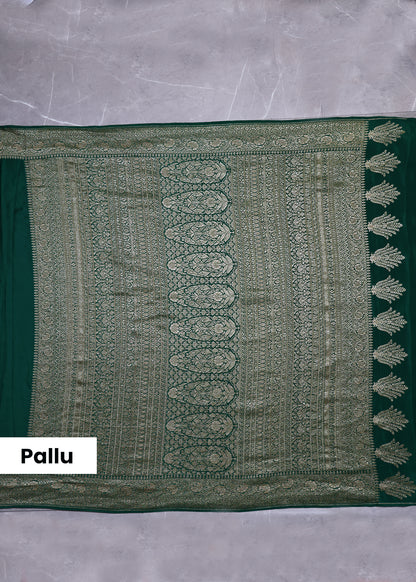 Deeya Plain Green Banarasi Pure Crepe Saree with Unstitched Blouse