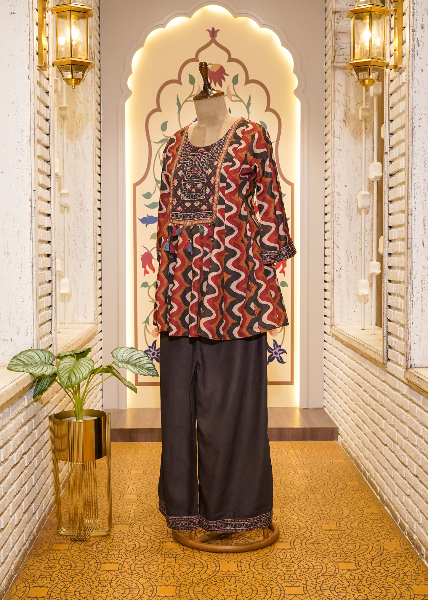 Brown & Red Printed Peplum with Pants Co-ord Set