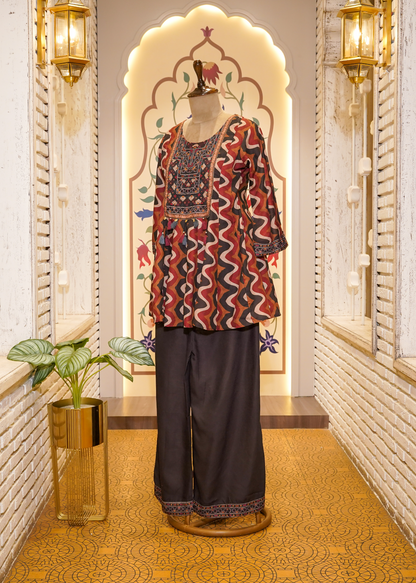 Brown & Red Printed Peplum with Pants Co-ord Set
