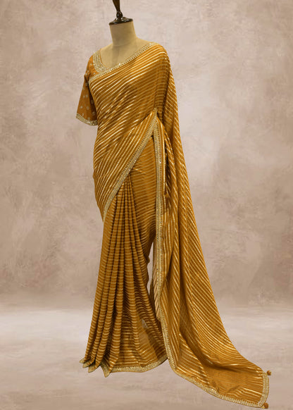 Mehendi Green Striped Zari Organza Sarees with Stitched Blouse