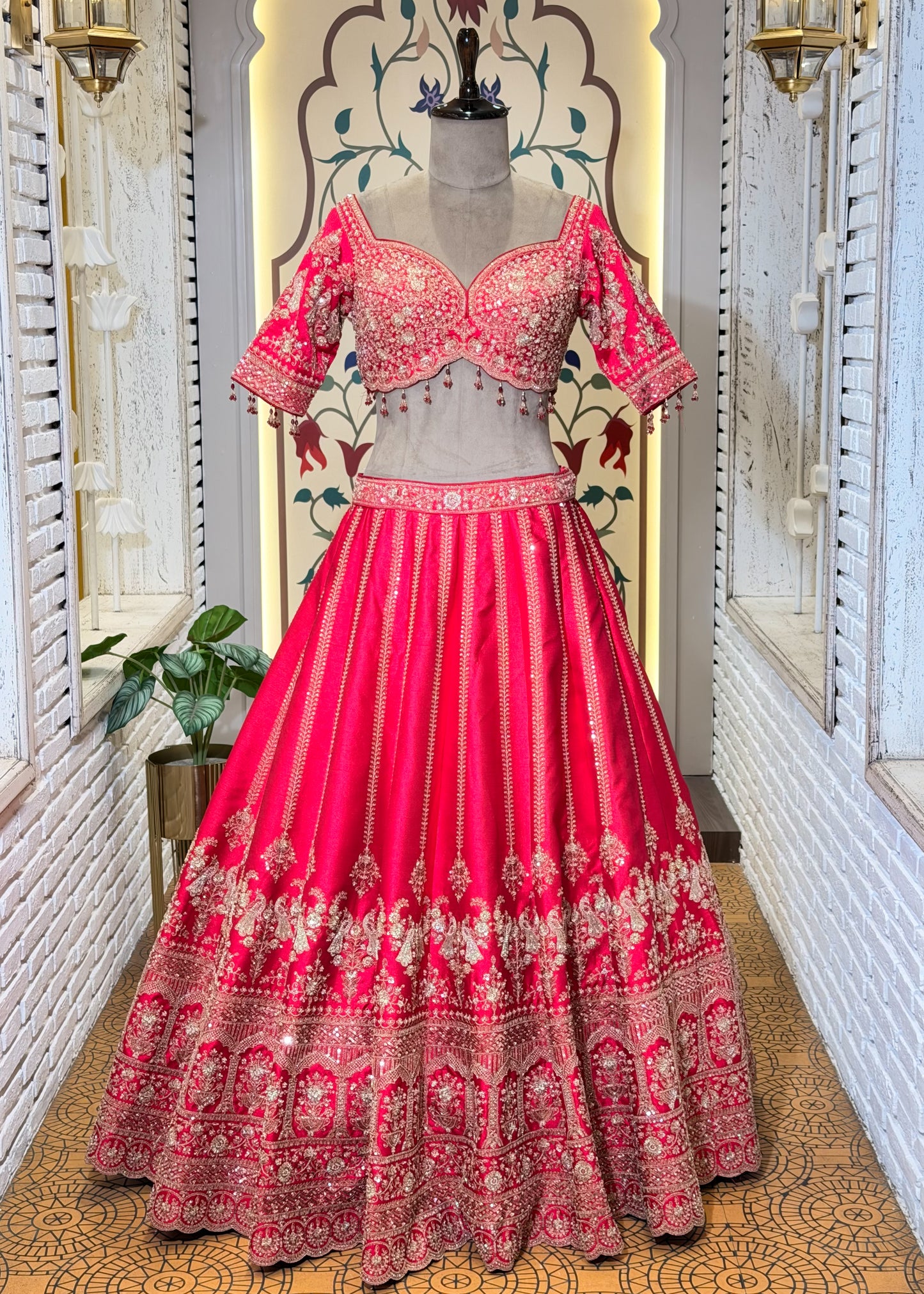 Rani Bead Embroidered Kali Peacock Style Bridal Lehenga with Stitched Blouse & 2 Dupattas