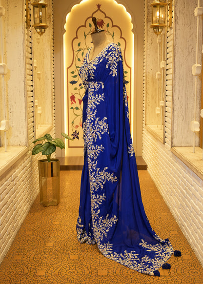 Electric Blue Chinon Thread Embroidered Saree with Stitched Blouse