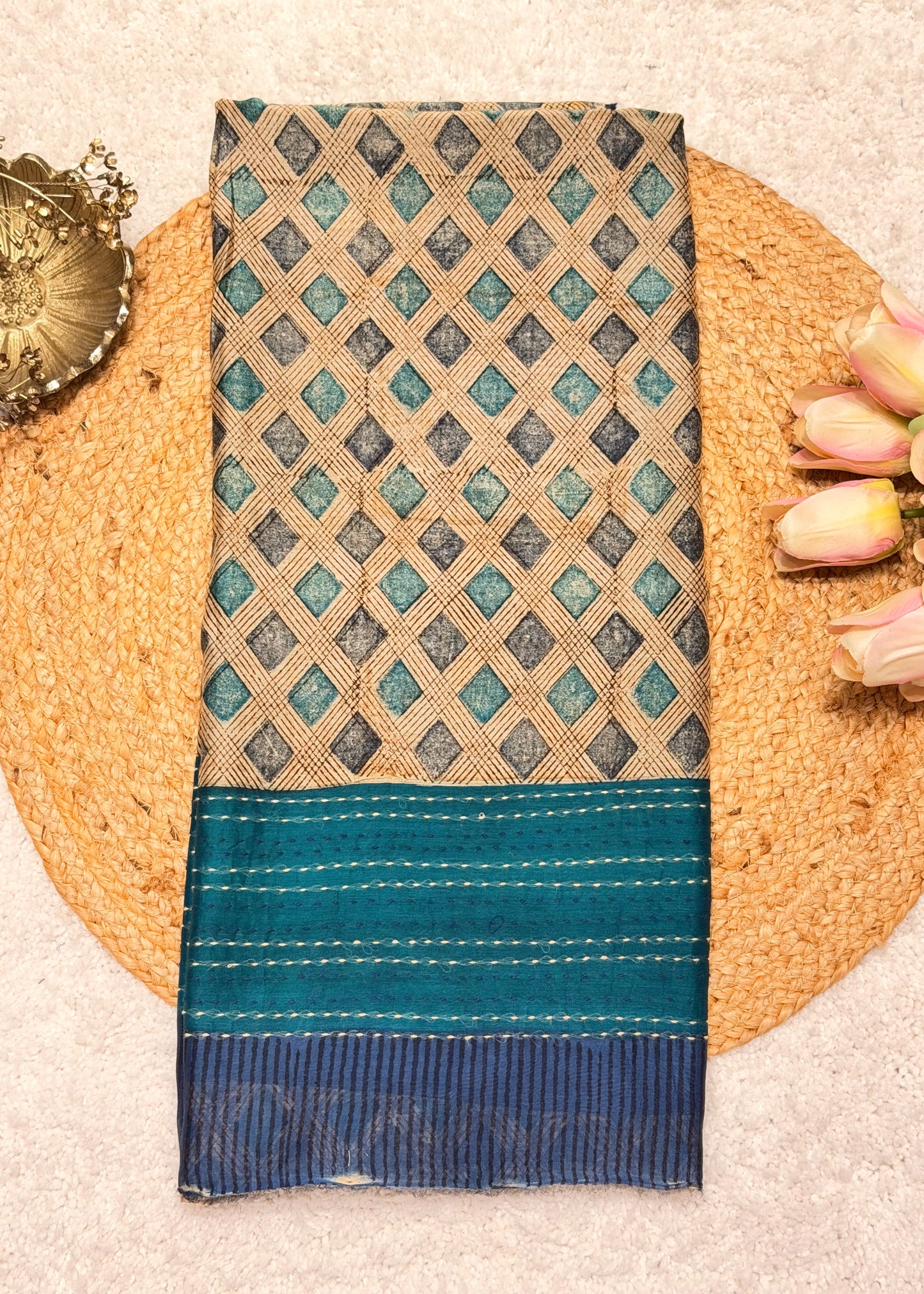 Barfi Blue Geometric Printed Unstitched Suit Set