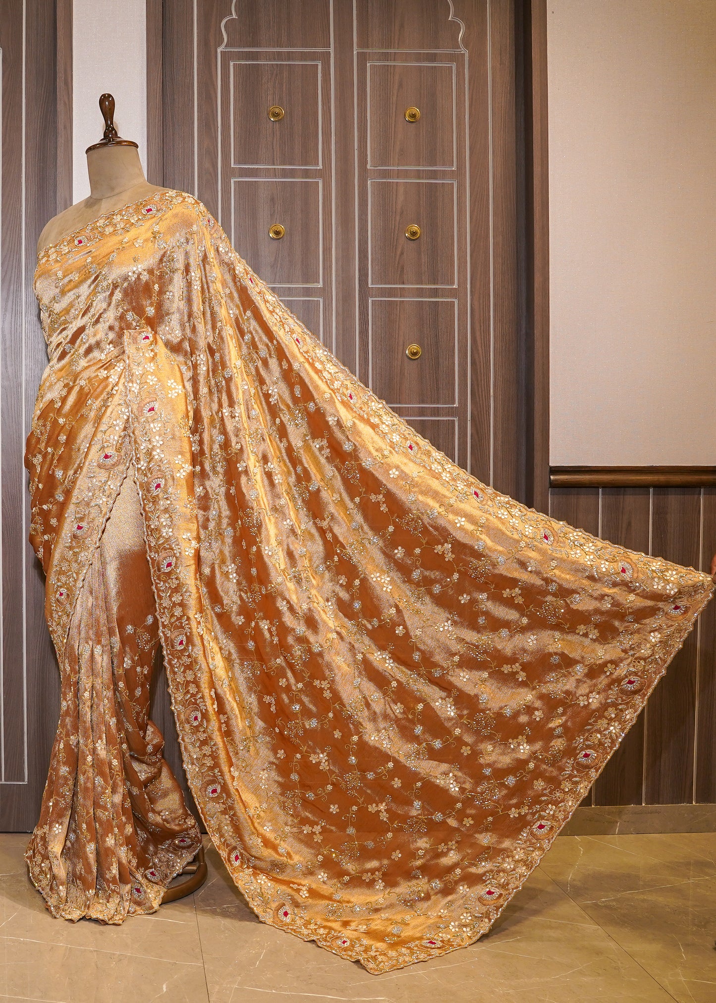 Golden Tissue Hand Embroidered Saree with Unstitched Blouse