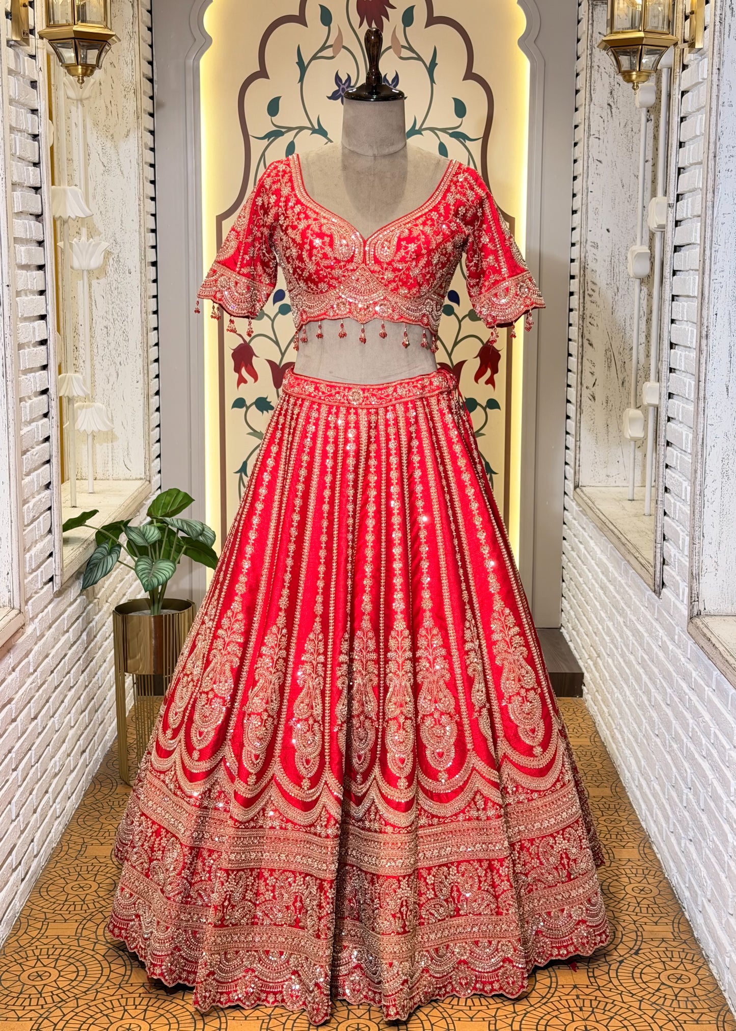Red Bead Embroidered Kali Style Bridal Lehenga with Stitched Blouse & 2 Dupattas