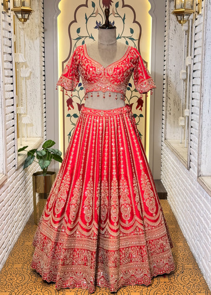 Red Bead Embroidered Kali Style Bridal Lehenga with Stitched Blouse & 2 Dupattas