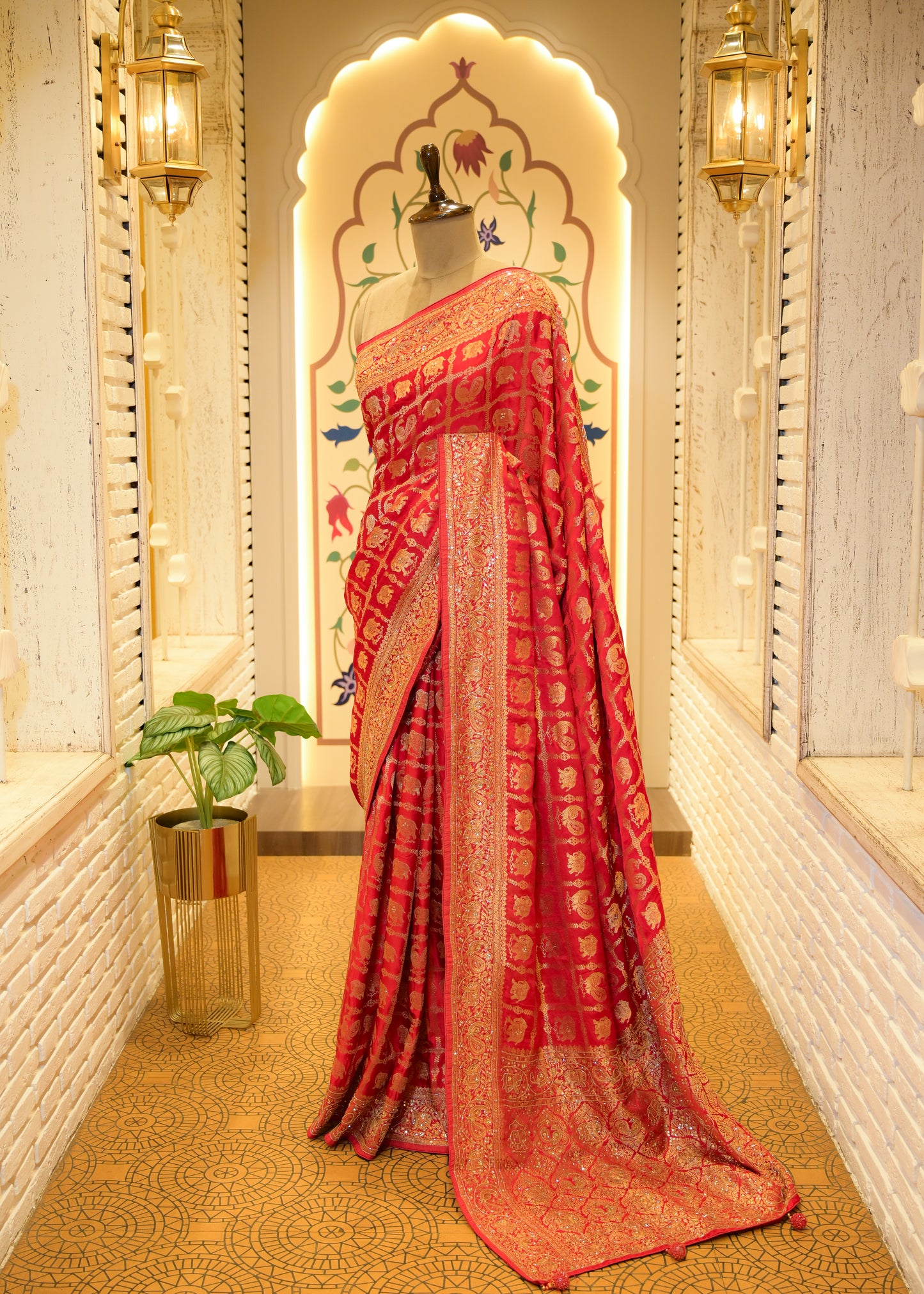 Kaveri Red Gharchola Saree with Unstitched Blouse