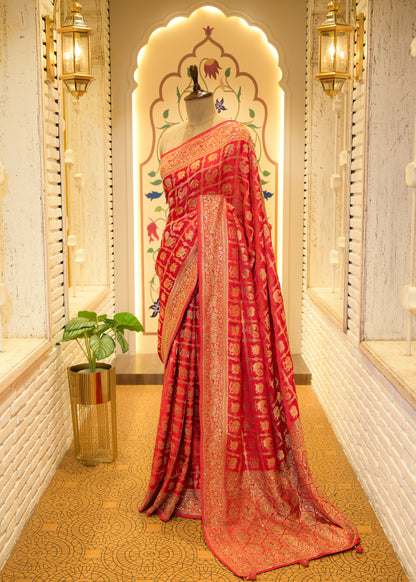 Kaveri Red Gharchola Saree with Unstitched Blouse