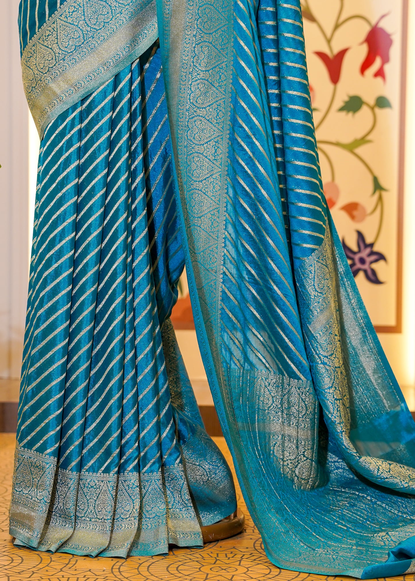 Teel Blue Chinon Leheriya Saree