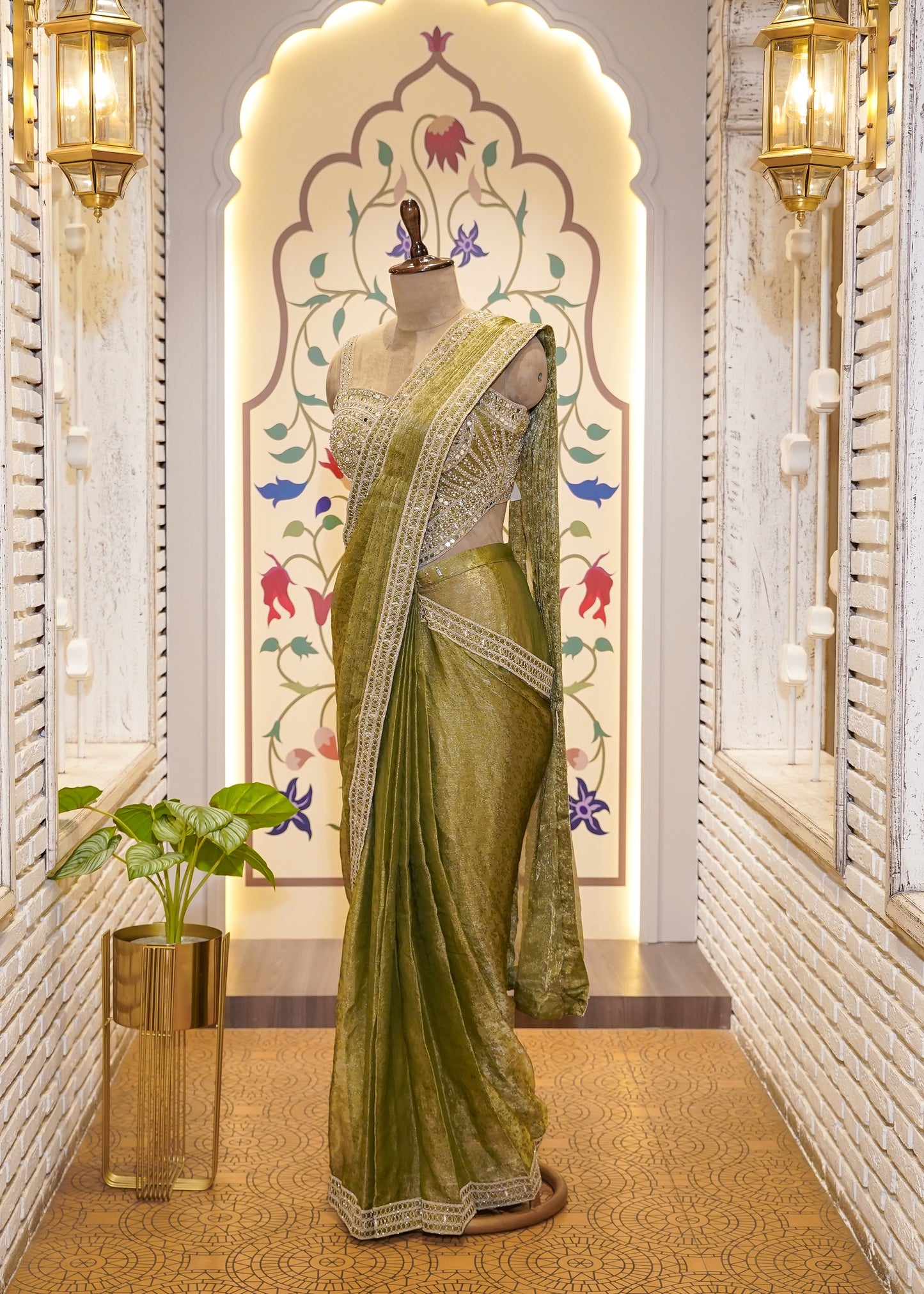 Pista Green Crush Tissue Drape Saree with Corset Embroidered Blouse