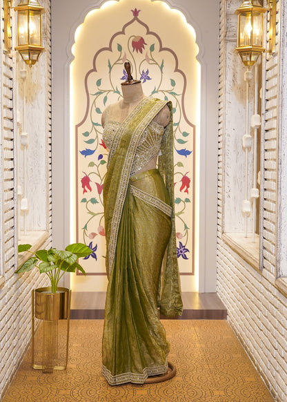 Pista Green Crush Tissue Drape Saree with Corset Embroidered Blouse