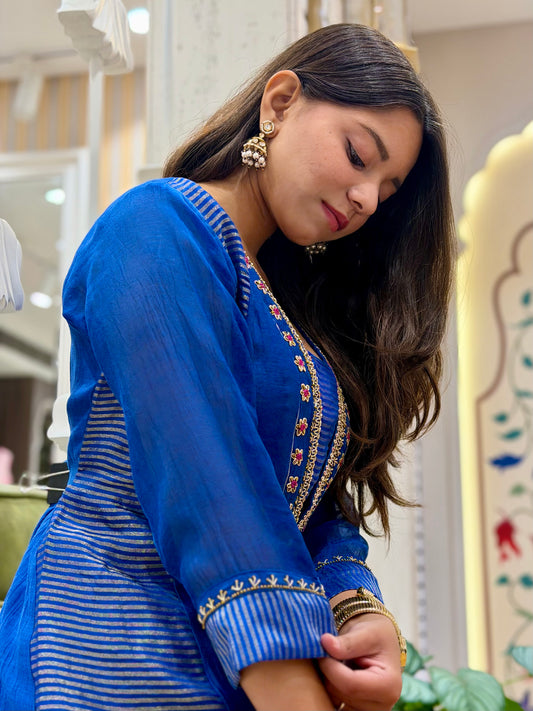 Electric Blue Mul Cotton Tissue Kurti Set