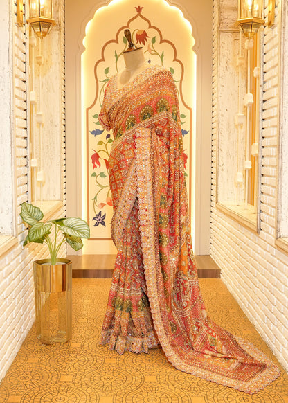 Rust Orange Patola Georgette Saree with Zardozi Embroidery