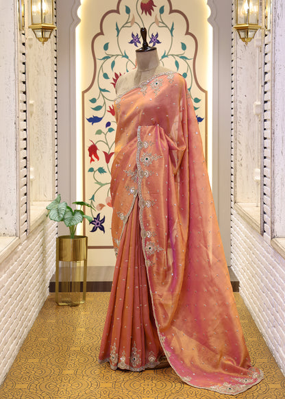 Sitara Peach Gemstones Saree with Unstitched Blouse