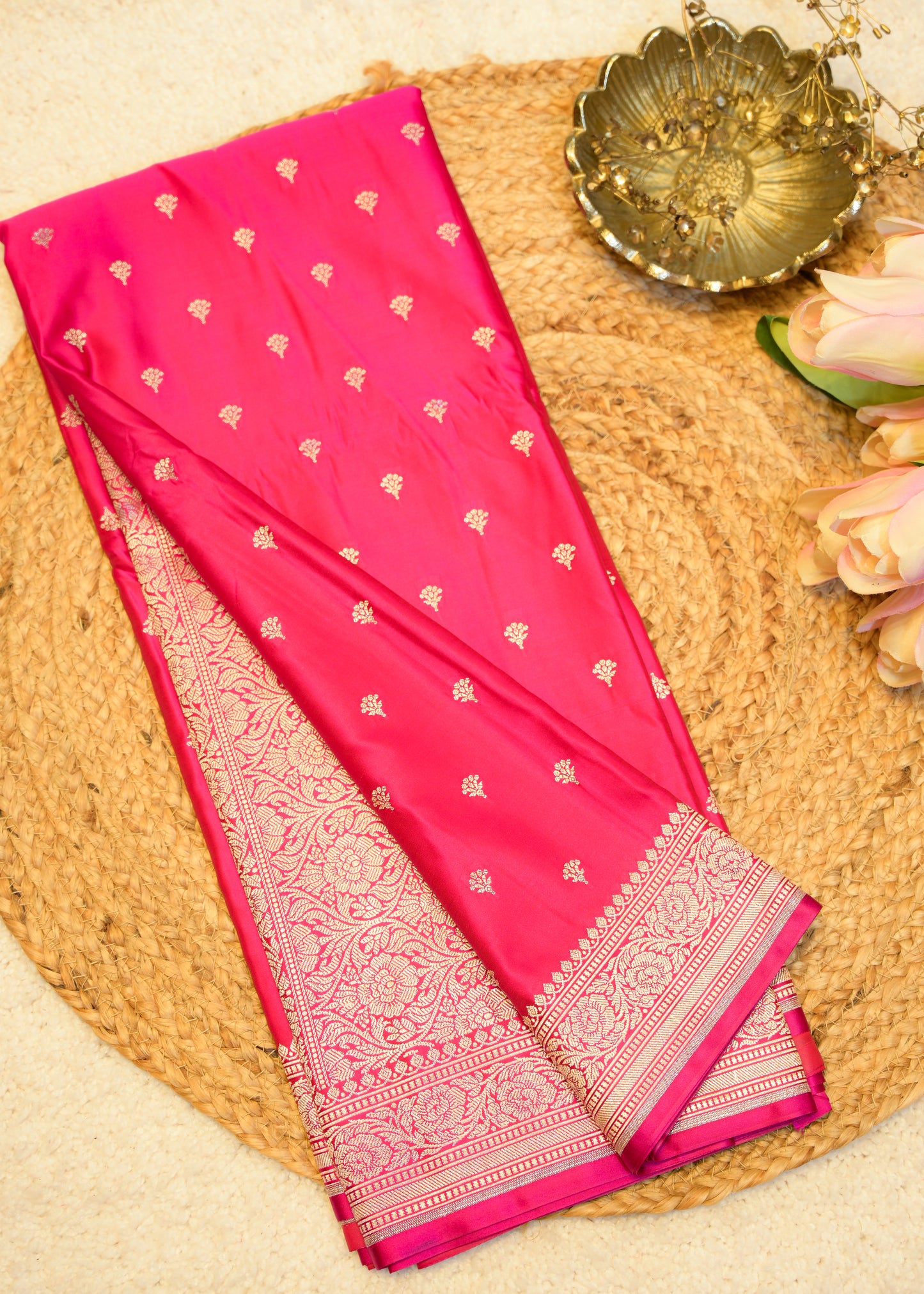 Rani Pink Banarasi Kattan Silk Booti Zari Border with Unstitched Blouse