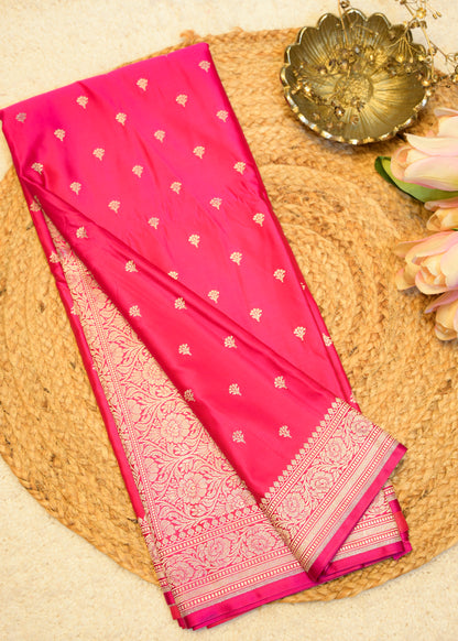Rani Pink Banarasi Kattan Silk Booti Zari Border with Unstitched Blouse
