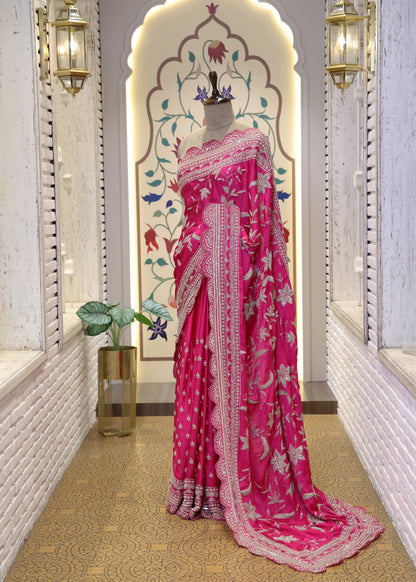 Gulzaar Pink Zari & Mooti Heavy Scallop Border Saree with Unstitched Blouse