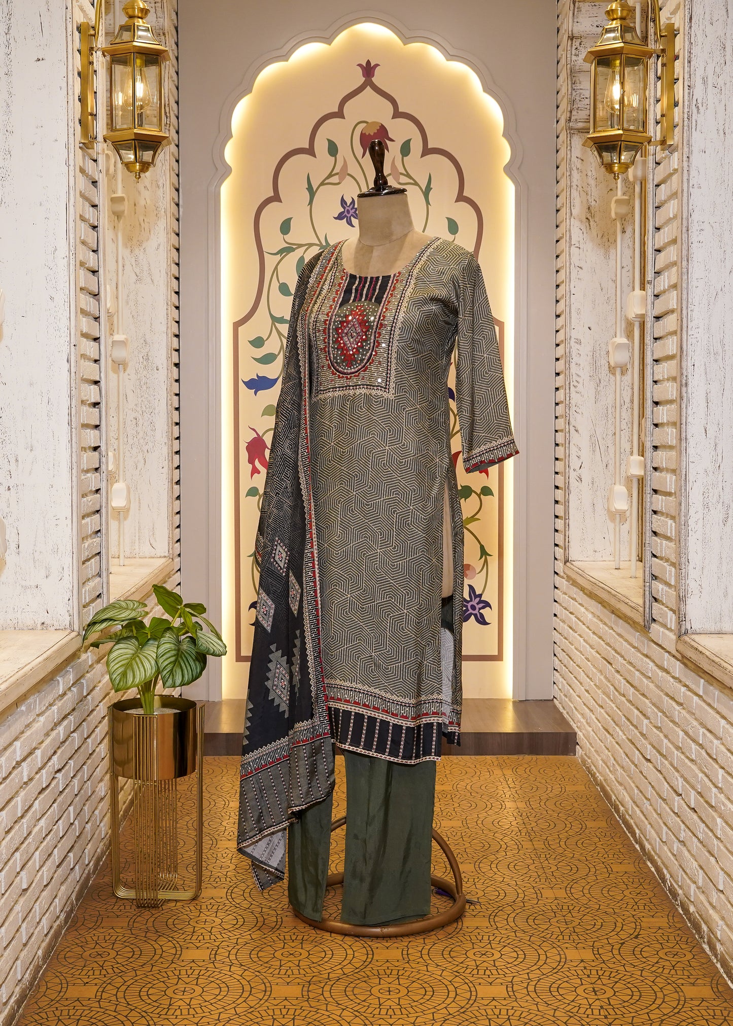Grey Printed Muslin 3-Piece Kurti Set