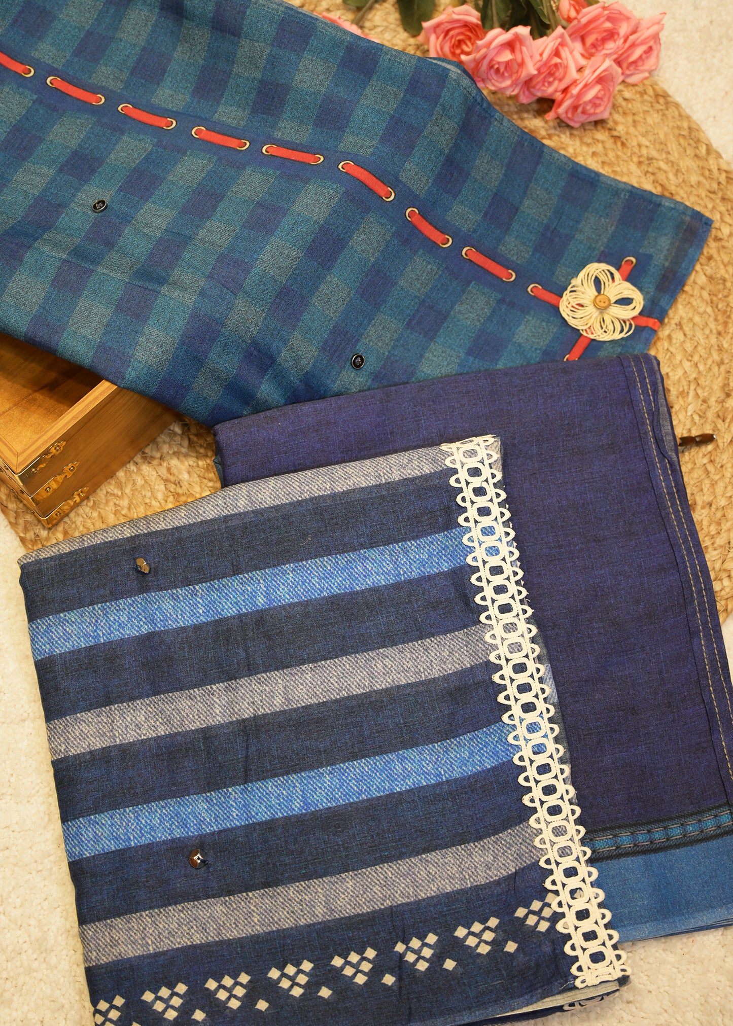 Zeeya Navy Blue Cotton Saree with Unstitched Blouse